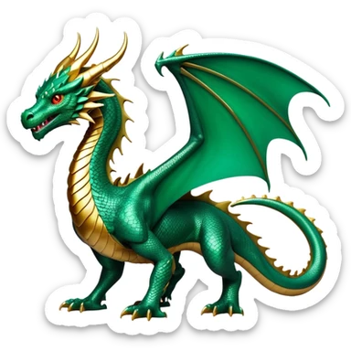 cinematic-noble-dragon-full body-emoji,-poised-and-majestic,-with-a-sinuous,-elongated-build-and-shimmering,-scale-covered-skin-in-hues-of-emerald-and-gold,-piercing,-fiery-eyes,-simplified-yet-sharp-and-sophisticated-features,-highly-detailed, zoomed out showing the serpentine body sticker