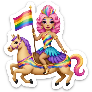 drag queen riding a colorful alebrije, waving an LGBTQ flag sticker