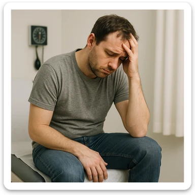 realistic image of a man with problems in the intimate area, looking sad and demoralized, sitting with a hand on his lap, medical and respectful context, no explicit details sticker