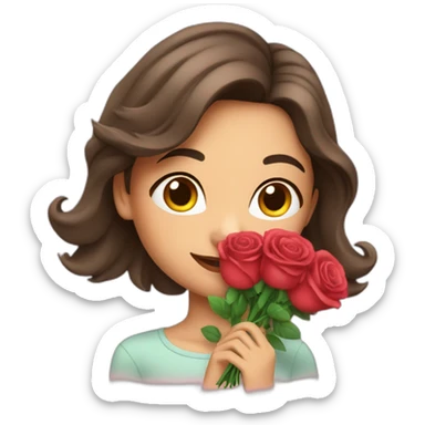 brunette girl smells  bouquet of roses sticker