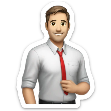 An employee of the real estate agency "Floors" with a red badge around his neck with the inscription etagi sticker