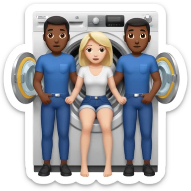 Eine Frau steckt bis zum Bauch in einer Waschmaschine fest und nur die Beine gucken raus und zwei schwarze männer ziehen an ihren Beinen um sie raus zu holen  sticker