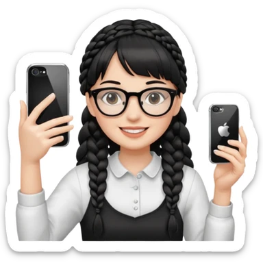 She's wearing black braided, full bangs and glasses and taking a mirror selfie with a white iPhone sticker