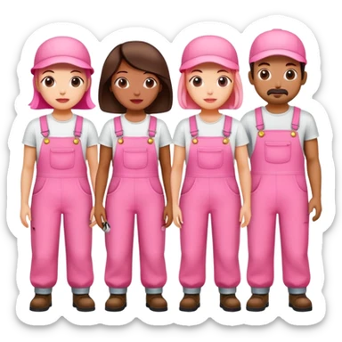 group of artists wearing pink overalls protesting for spam meat art sticker