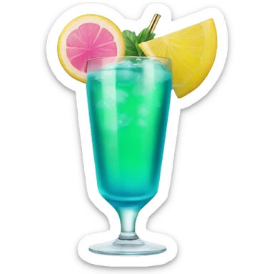 Bluish green cocktail with pink and yellow sticker