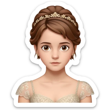 Cinematic Emma Watson Realistic Rococo Portrait, depicted with lifelike skin texture, subtle rosy undertones, and soft natural lighting that enhances the gentle contours of her face. Her intricately detailed brown hair is elegantly styled in an updo, sticker