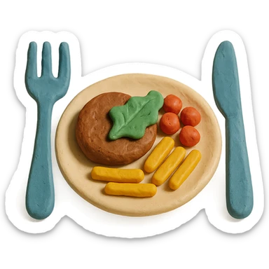 a plate with food and cutlery in claymation style representing a restaurant sticker