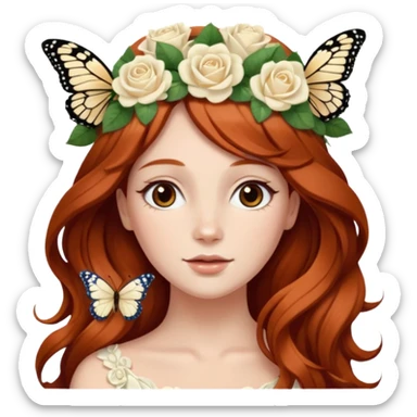 Woman with long flowing auburn hair wearing a flower crown with white and cream colored roses and butterflies in it sticker