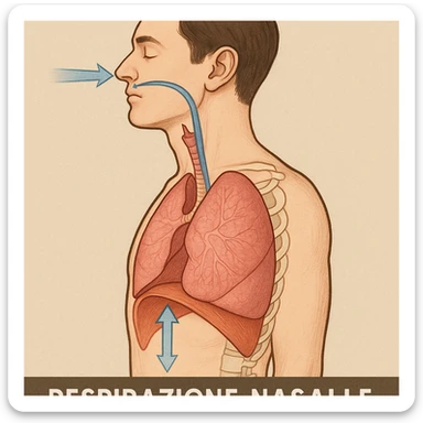 side view of human torso showing deep nasal breathing, diaphragm lowering, lungs expanding, caption in Italian sticker
