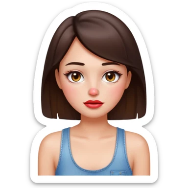 “Emoji brunette girl white tanktop, dewy skin, heavy blush across cheeks and nose bridge, glossy cherry lips, soft eyeliner, teary sparkling eyes like hanni from new jeans sticker