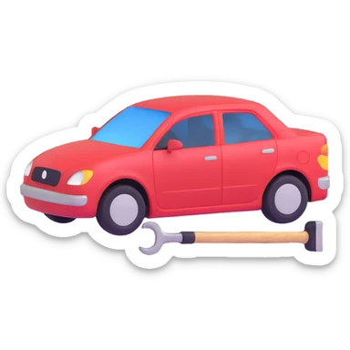 icon of a car with a visible dent from a crash and dent repair tools like a lever and small hammer sticker