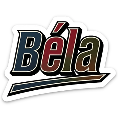 Text design of the name 'Béla' in a masculine, modern, gradient font with dark contour and thin white edging, dynamic slanted underline, masculine color shades including blue, gray, burgundy, green, and brown, 1000x1000 px, PNG, transparent background, in the style of the uploaded Attila sample. sticker