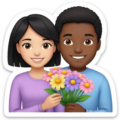 Black guy given light skinned girl with black hair, pastel flowers and they’re happy sticker