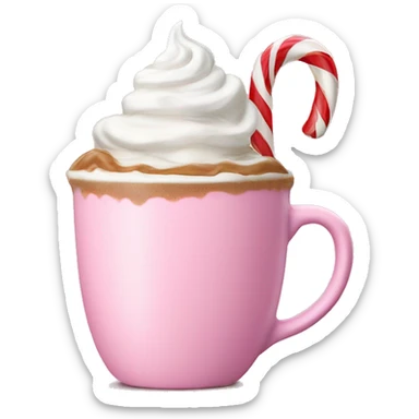 Coffee drink in pink mug, steaming, whipped cream, candy cane,   sticker