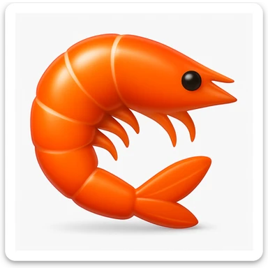 Create a shrimp emoji that looks exactly like the reference image in iOS emoji style. The emoji should have a 3D appearance with shiny, smooth gradients, soft shadows, and a realistic shrimp shape, capturing the classic emoji look. Add a soft shadow under the shrimp. sticker