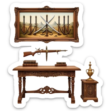 Icon for Antiques Collecting: vintage intricately carved furniture, famous paintings, antique swords, and rifles. The items are displayed on a wooden table or shelf. The icon should evoke the rich history and craftsmanship of antique collecting. Transparent background. sticker