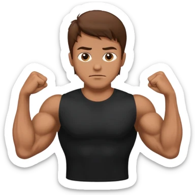 man with brown hair who is strong wearing black t shirt not smiling muscles sticker