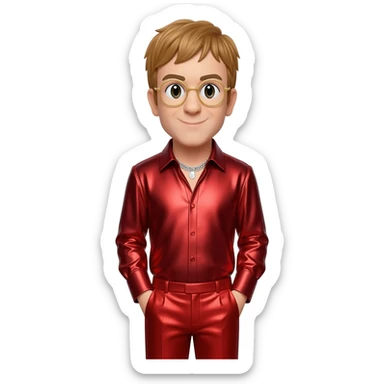 Elton John with golden brown hair, red metallic shirt, red metallic faux suit pants, silver necklace sticker