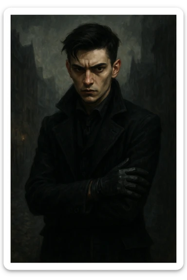 Kaz Brekker from Six of Crows, young man with dark hair, sharp features, wearing a black coat and gloves, intense expression, moody atmospheric style sticker