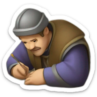 medieval architect working, overseeing a floor plan laid out on a piece of paper sticker