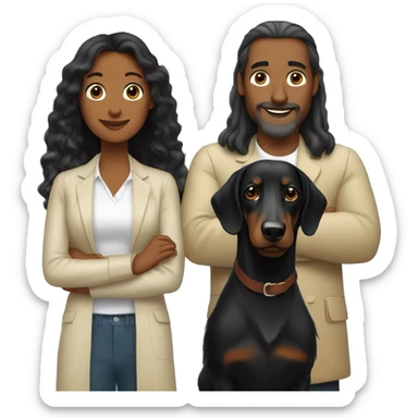 Woman and man with two long-haired black dachshunds sticker