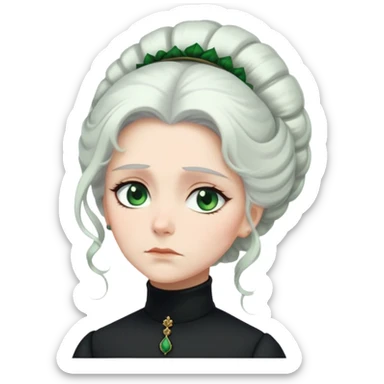 A Victorian woman with elegant coiffed white hair and green eyes wearing a modest black turtleneck mourning dress looking down with a forlorn expression sticker