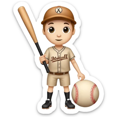 a wooden log trunk with thin legs, a cute face, holding a baseball bat sticker