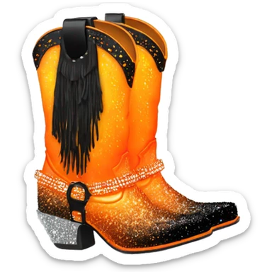 Realistic neon orange to black ombre pair of fashion cowgirl boots with sparkly shiny glitter fringe on them. sticker