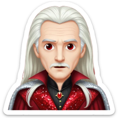 Count Dracula with long white hair, dark red sequin outfit  sticker