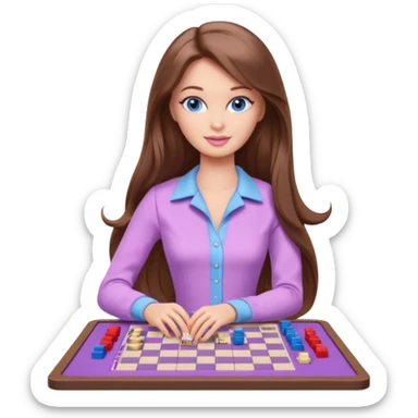 beautiful barbie girl with long brown hair, blue eyes and wearing light purple clothes playing board games sticker
