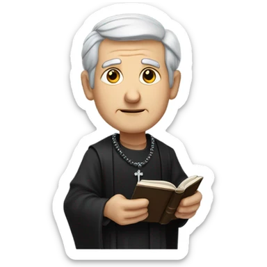 "An older man with grey hair, a weathered face, and a solemn expression. He wears a black robe with a clerical collar and holds a Bible or rosary, standing in a modest church." sticker