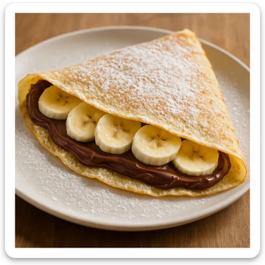 a French crepe filled with Nutella and banana slices, folded and dusted with powdered sugar, photorealistic sticker