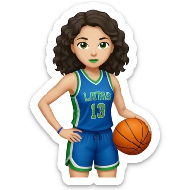 full figure light latino women basketball player with wavy dark hair wearing blue and green uniform sticker