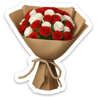 Rose bouquet wrapped in brown paper, red and white roses. The paper must show at the back and the bow must be rope. White and res roses sticker