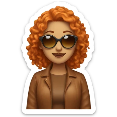 A Latina with curly, orange hair wearing a brown jacket and orange shirt and orange sunglasses waving. sticker