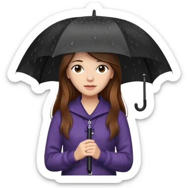 white woman with long brown hair and brown eyes, in a sweater, holding an umbrella in the rain sticker