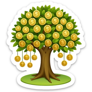 Apple-style money tree (10 coints), round soft green canopy.
No pot, no ground — only the tree.
Small gold coins as fruits inside the leaves (not below).
Flat 2D vector, clean shapes, no gradients.
Dark near-black background, premium fintech icon. sticker
