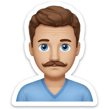 Benson Boone blue eyes, brown wavy hair and mustache, light blue v-neck shirt sticker