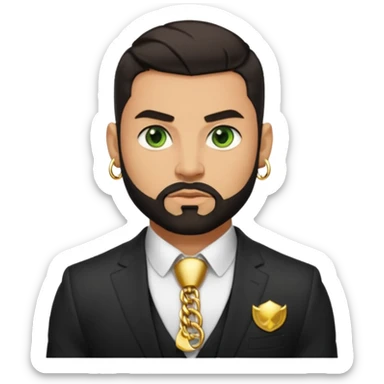 green eyes, dark short hair, muscular shoulders, gold chain, big lips big nose big eyes, masculine good looking, dark beard wearing a suit buttons of the shirt open and olive skin tone  sticker