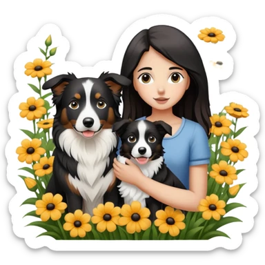 A girl is holding a black and white border collie in the flowers sticker