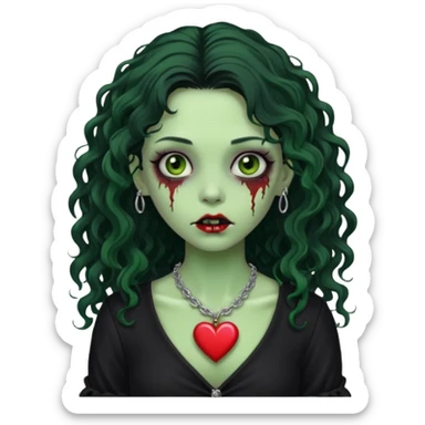 a green zombie girl with a scar on her face, long curly hair, wearing a black blouse and a silver necklace with a heart pendant. sticker