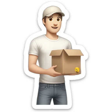 Pale skinned fit Man with dark brown hair in a white cap, gray jeans and beige polo T-shirt keeping a pasted box into his hands sticker