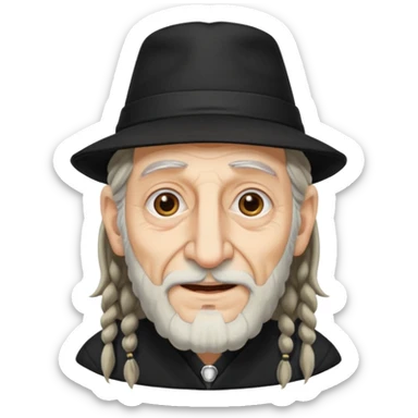 Jewish elderly man emoji with long dread hair on the sides and jewish hat, long big nose and crooked teeth sticker