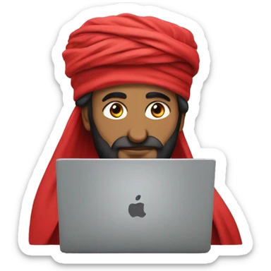 A caliph with turban and red clothes writing in a laptop sticker