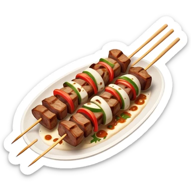 Cinematic Realistic Souvlaki Dish Emoji, showcasing skewered, grilled meat with Mediterranean spices rendered with dynamic textures and warm, appetizing lighting. sticker