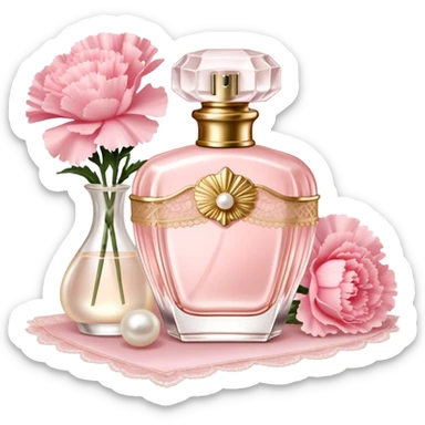A vintage Shell Pink perfume bottle with gold details beside Pearl Pink carnations, glowing softly in candlelight. A lace-trimmed silk handkerchief adds a touch of romance." sticker