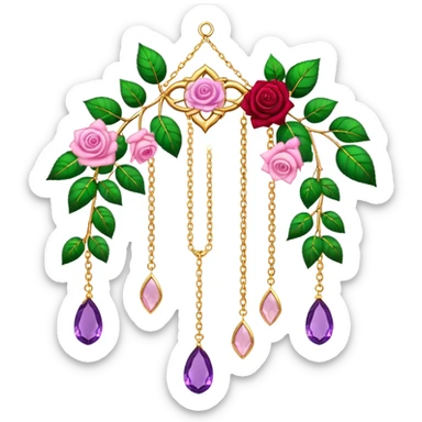 Hanging suncatcher, gold chains with shiny sparkly amethyst and rose-quartz gemstones, roses, beautiful leaves, gorgeous aesthetics sticker