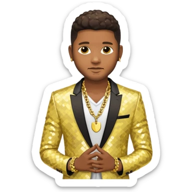 Usher with dark brown, pale yellow sequin suit jacket, shirtless with necklace sticker