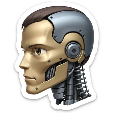 half-human half-Terminator face, clear division, human side with hair, robot side with metallic features, no text sticker