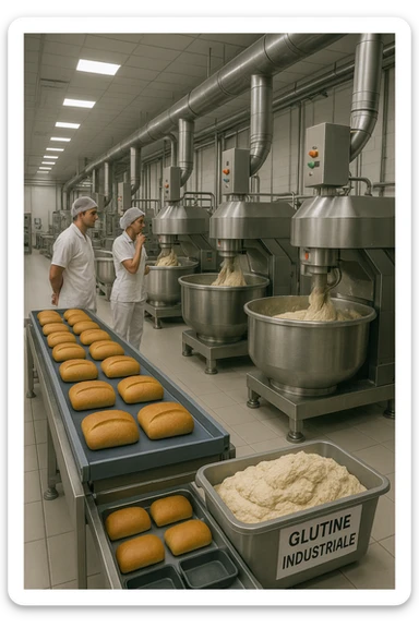 a modern food processing factory interior, with large stainless steel machines mixing and kneading dough. In the foreground, a conveyor belt carries loaves of bread and trays of raw gluten, labeled “Glutine industriale” Workers in uniforms and hairnets monitor the process. The atmosphere is clean, efficient, and slightly clinical. sticker